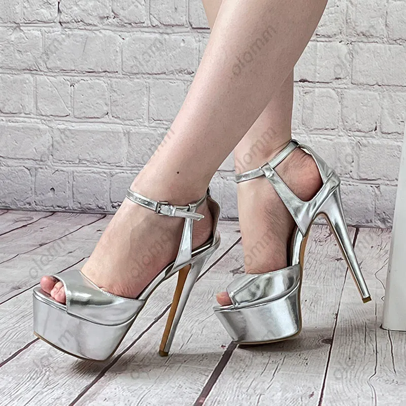 Olomm Handmade Women Platform Sandaler Sexiga stiletto klackar Peep Toe Fabulous Silver Party Shoes Ladies Us Plus Size 5-20