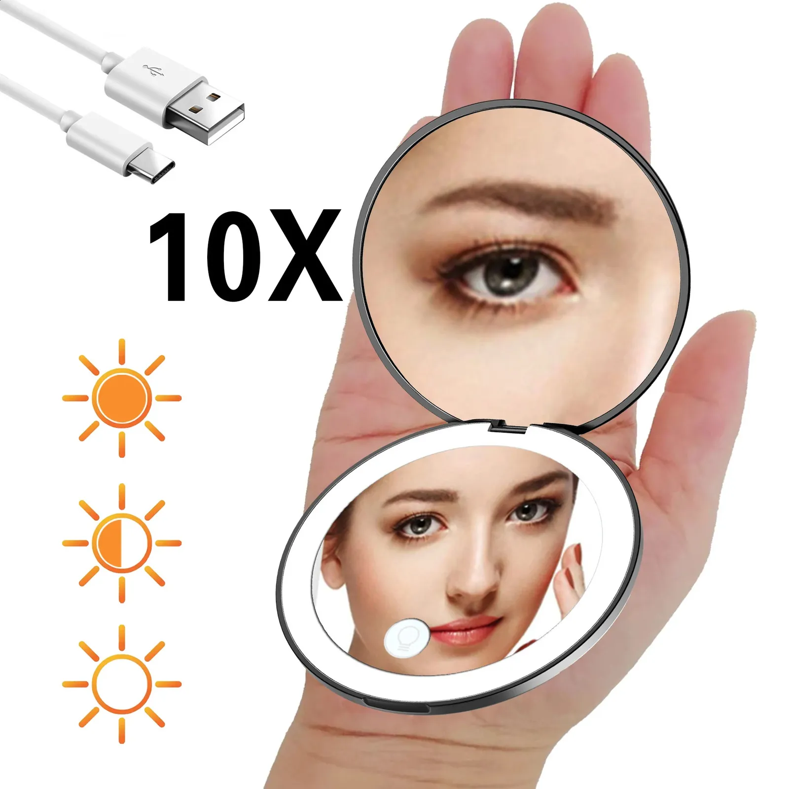 Kompakt Aynalar Mini Taşınabilir Katlanır Seyahat Cep Makyaj Aynası LED Işık Yuvarlak Handheld Compact 10x büyütücü Pembe Siyah Vanity Aynalar 231116