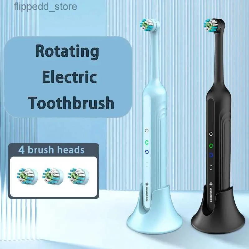 Spazzolino elettrico rotante Spazzolino sbiancante per denti per adulti Protezione domestica Dente con setole morbide impermeabili con 4 testine di ricambio Q231117