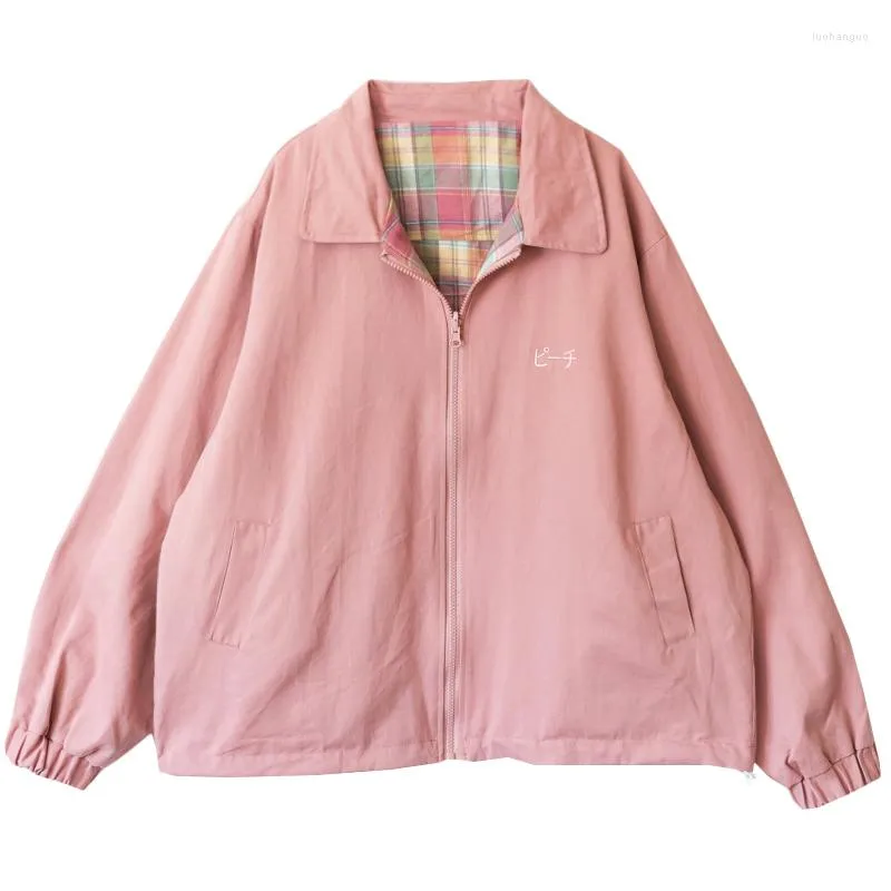 Giacche da donna Casual Stile preppy Design primaverile Dolce carino Donna Rosa Outwear Cappotti Giacca basic da donna con ricamo pesca scozzese