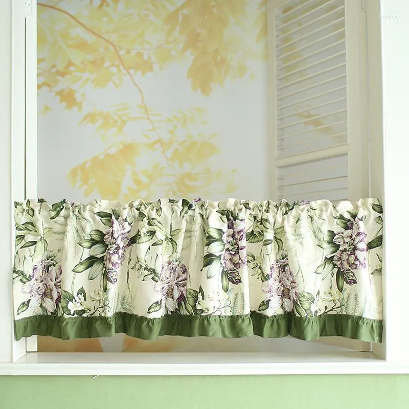 Curtain Nordic Half Curtains Green Leaves Flowers Print Tube Cotton Blend Roman Short For Kitchen Cabinet Door Window