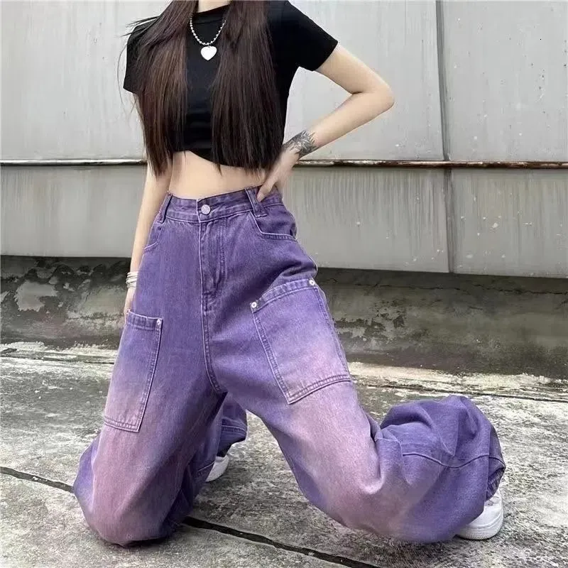 Women s Purple Baggy Jeans High Waist Wide Leg Cotton Denim Pants