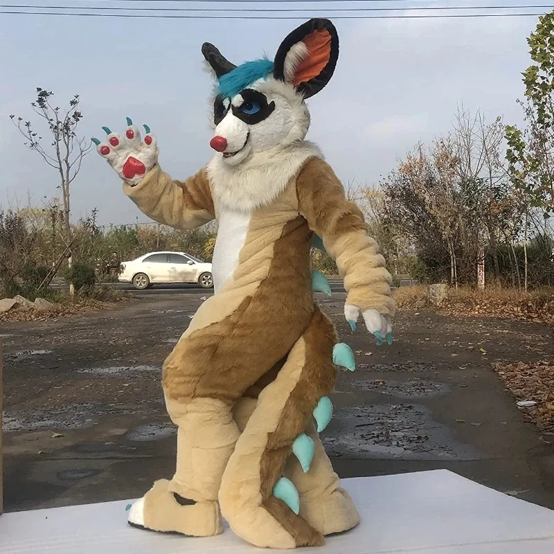 Husky Mascot Costumes Child Teen Full Furry Suit Bent Legs Beige Fursuit Dragon