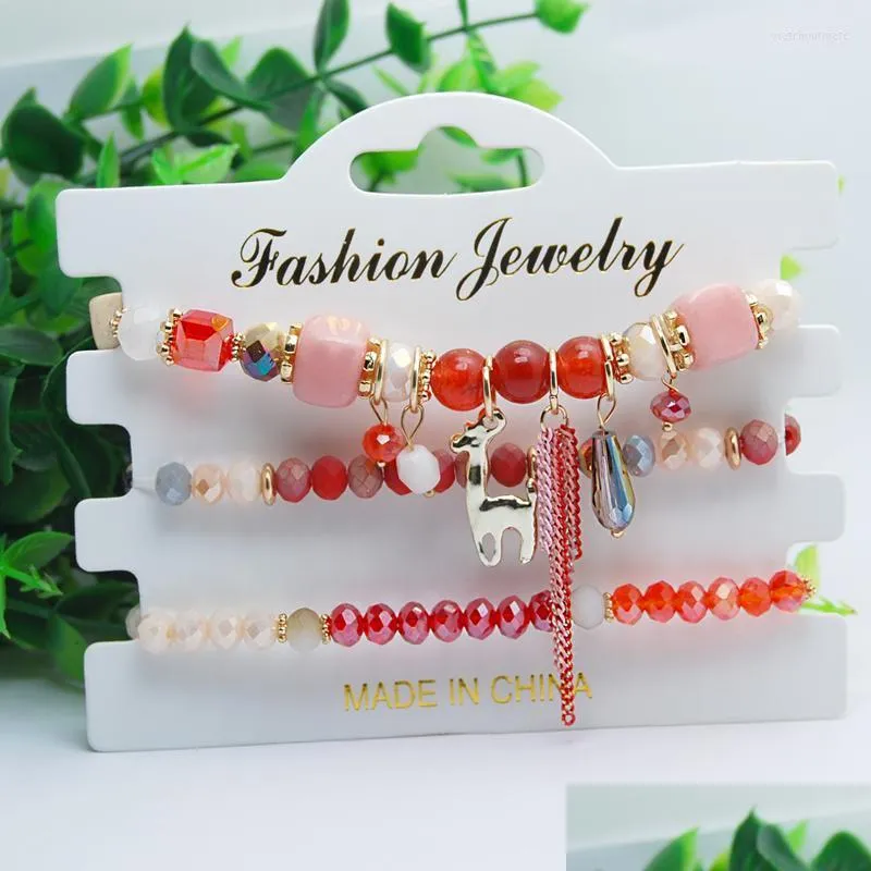 Charm Bracelets Charm Bracelets 3 Pcs/Set Christmas Bangles For Women Boho Crystal Beads Nature Stone Bracelet With Deer Wristband Fem Dhrht