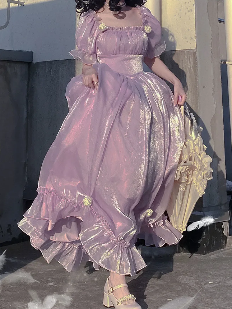 Casual Dresses 2023 French Vintage Purple Summer Puff Sleeve Backless Bow A Line Midi Fashion Party Evening Princess 230417