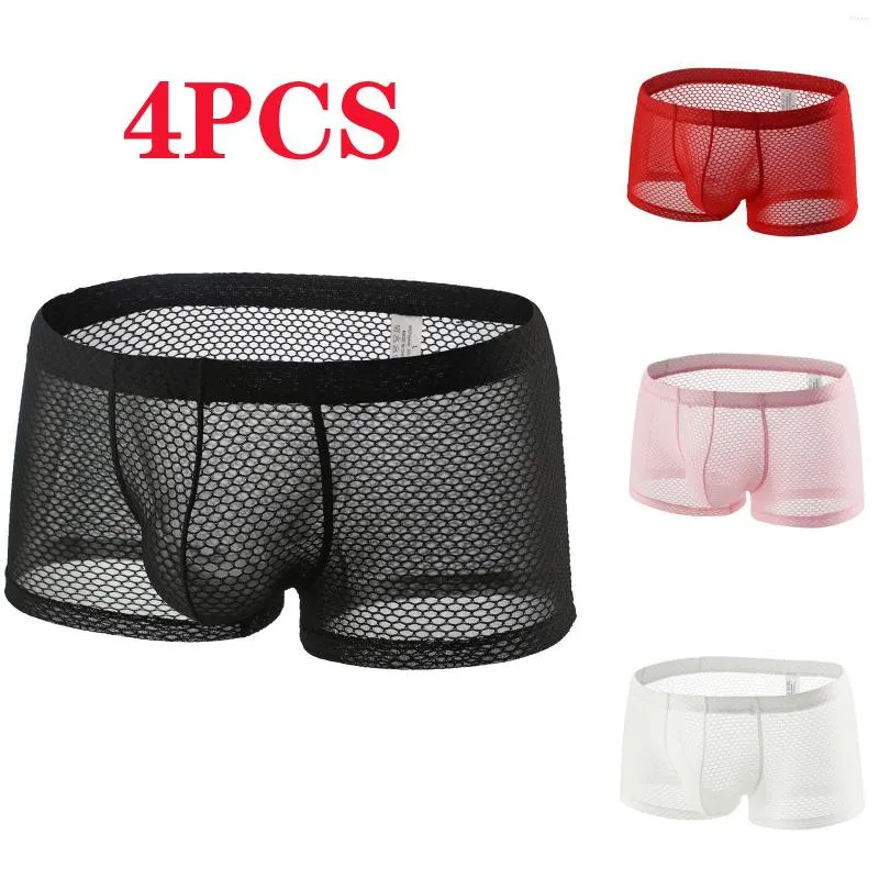 Calzoncillos 4 unids moda masculina sexy ahueca hacia fuera la ropa interior de malla sólida boxeador transpirable accesorios diarios regalo para el amante