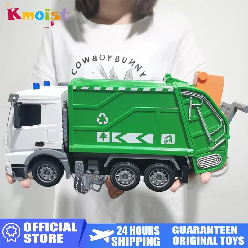 Enfants RC camion à ordures jouet avec lumières 1/24 échelle radiocommandée voiture assainissement véhicule recyclage apprentissage précoce garçons jouets 231117