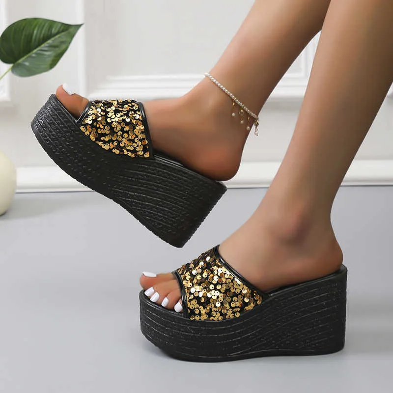 Slippers New Women Platform Peep Open Toe Sequins Slip on Outdoor Sandals Slippers High Wedges Thick Heel Party Dress Ladies Bling Shoes J230417