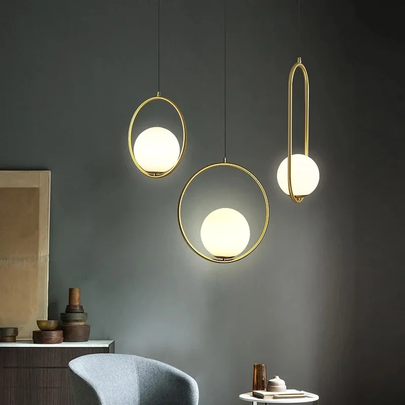 Nordic bola de vidro luzes pingente preto industriel pendurado lâmpada luxo ouro prata bronze arte cozinha hoop decoração luminária