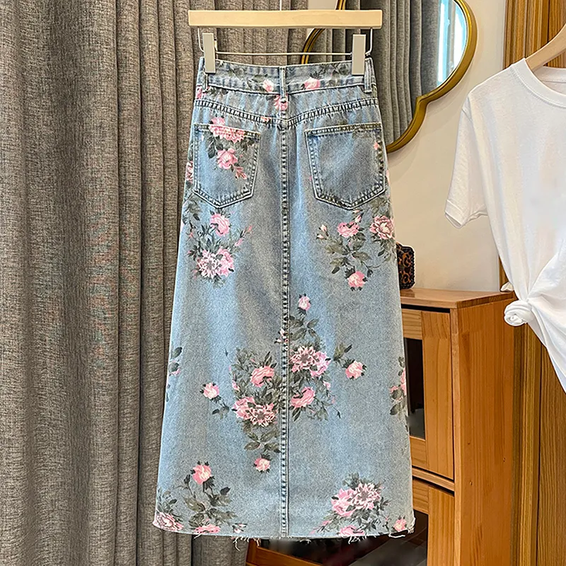 Skirts Women Denim Skirts Summer Floral Print High Waist