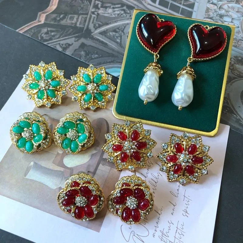 Stud Earrings Lovely Heart Flower Rhinestone Pearls Pendant Exquisite Jewelry