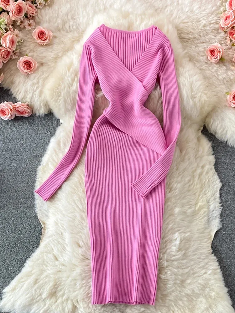 Basic Casual Dresses YuooMuoo Autumn Winter Women Dress Elegant Cross Vneck Slim Waist Knitted Bodycon Dress Korean Office Lady Vestidos 231116