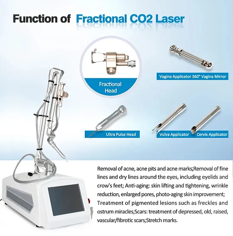 Máquina fracionária de laser de CO2 de 60W para recapeamento da pele e aperto de pele Remoção de cicatriz de tubo de metal RF Aperto vaginal