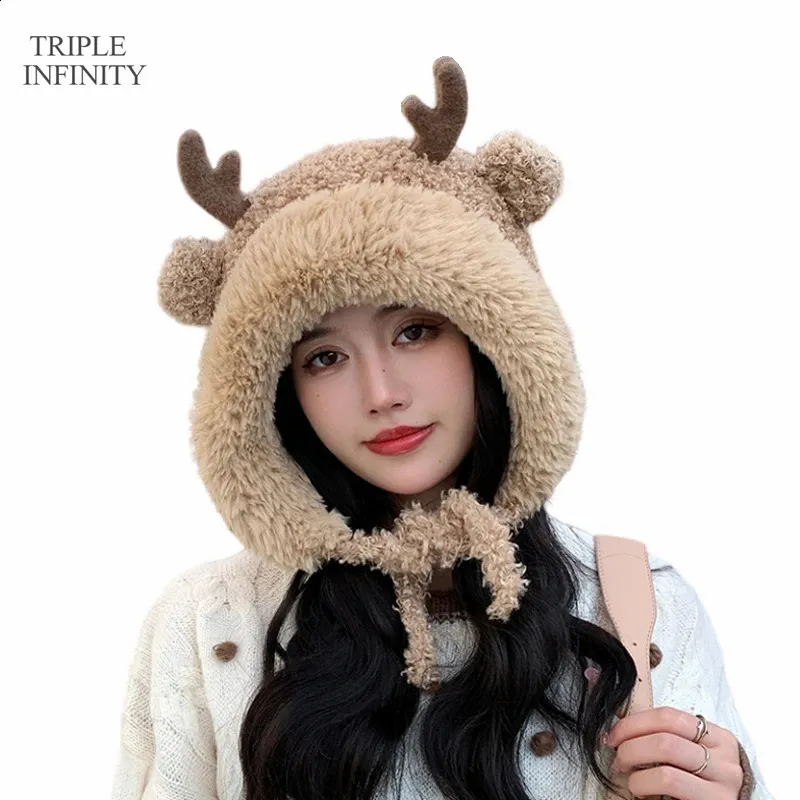 BeanieSkull Caps Moda Antler Chapéus de Inverno Com Fluff Forrado À Prova de Vento Quente Gorros Ao Ar Livre Proteção de Ouvido Bonnets Para Mulheres Presente de Natal 231116