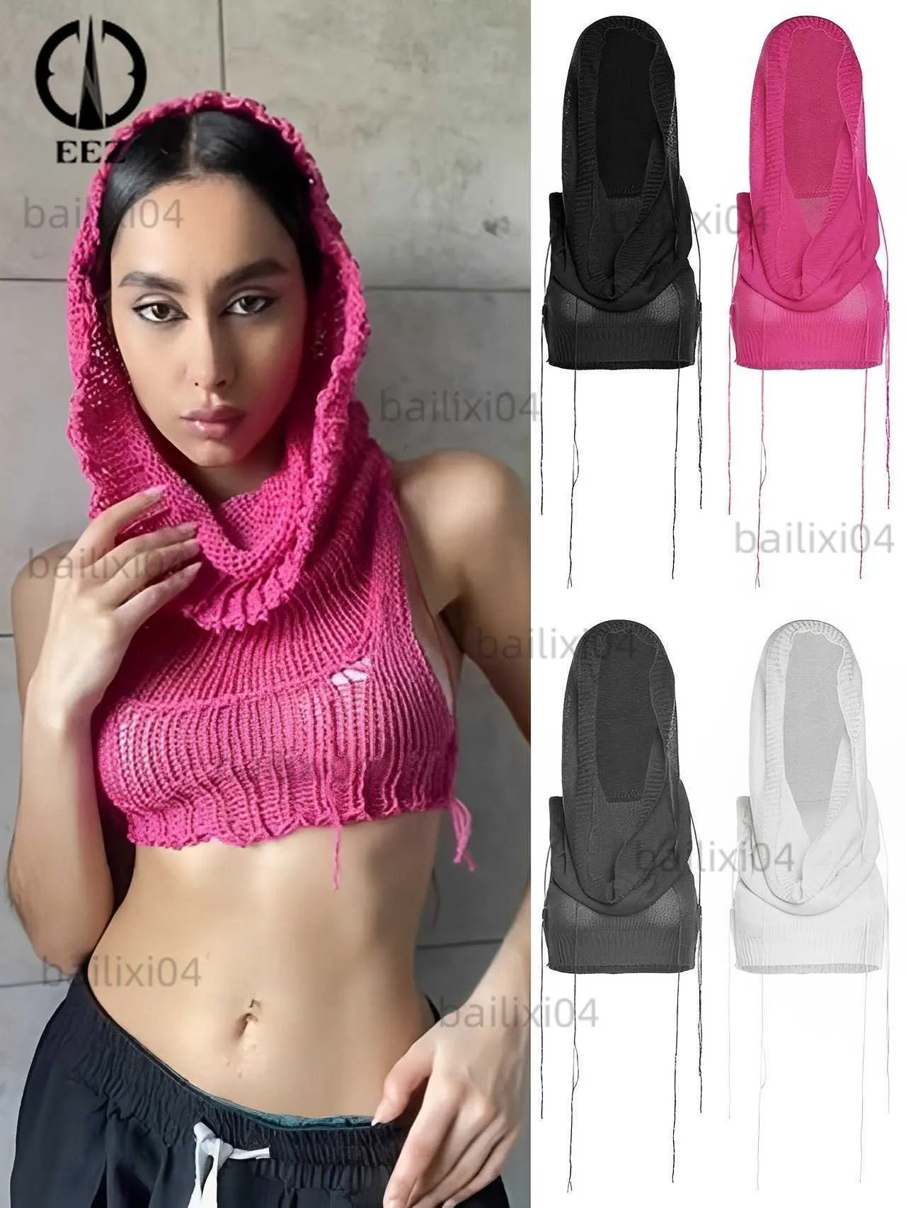 Women's Tanks Camis See ThroughWomen Knit Hooded Tank Sleeveless Knitted Sweater Streetwear Sexy Y2k Crochet Crop Top Coquette Hipster Camisole T230417