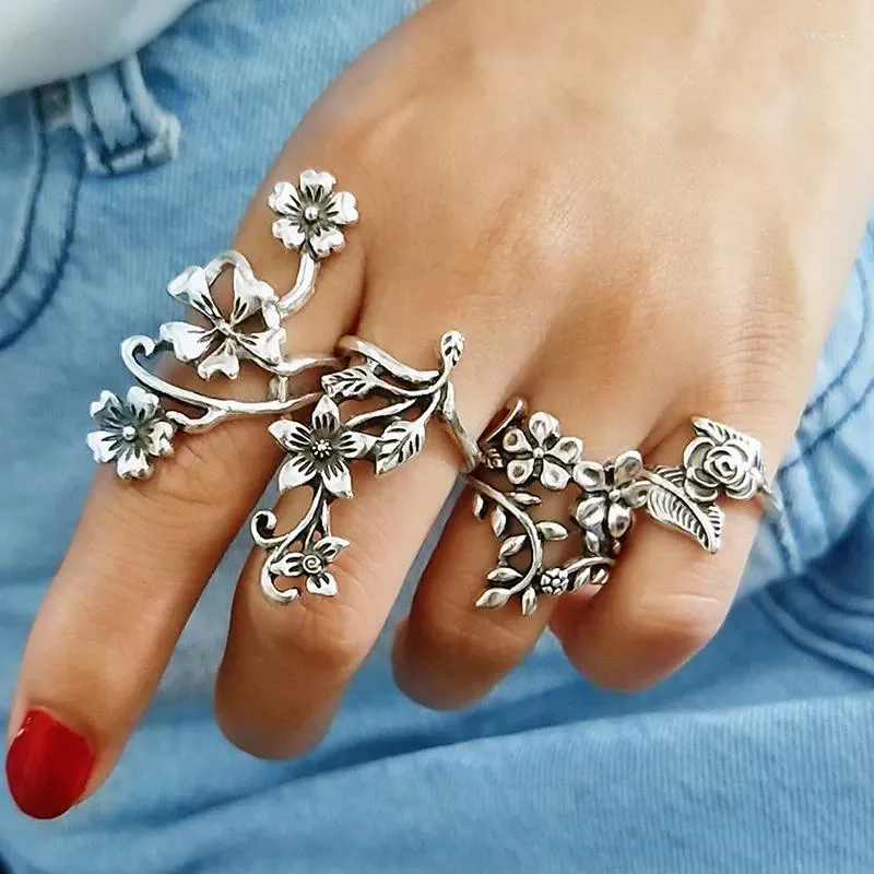 Rings de cluster vintage antigo sen videira folhas de flores rosa mulheres garotas encantadoras bohemia cor anel floral de cor floral