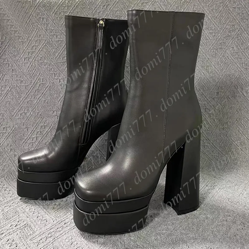 Modische Damen-Stiefeletten mit hohem Absatz aus hochwertigem Leder mit 15,5 cm Absatz und goldenem Logo