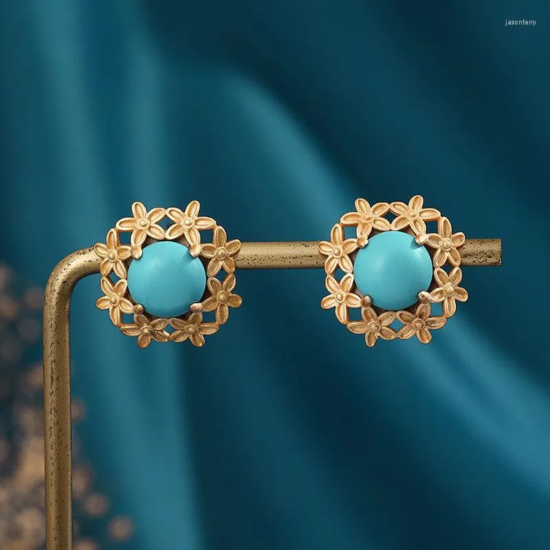 Studörhängen vintage romantiska blommor öronstänger forntida guldhantverk inlagd med turkos för kvinnor mode utsökta dagliga smycken