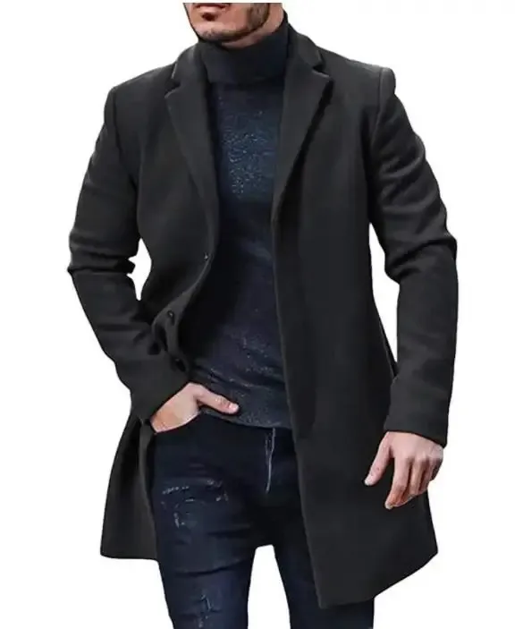 Mens Wool Blend Overcoat - Autumn Winter Long Sleeve Lapel