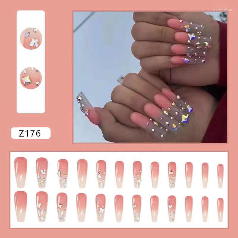 Valse nagels 24 stcs lange druk op gradiënt roze ontwerp nep volledige dekking kunstmatig voor vrouwelijke meisjes