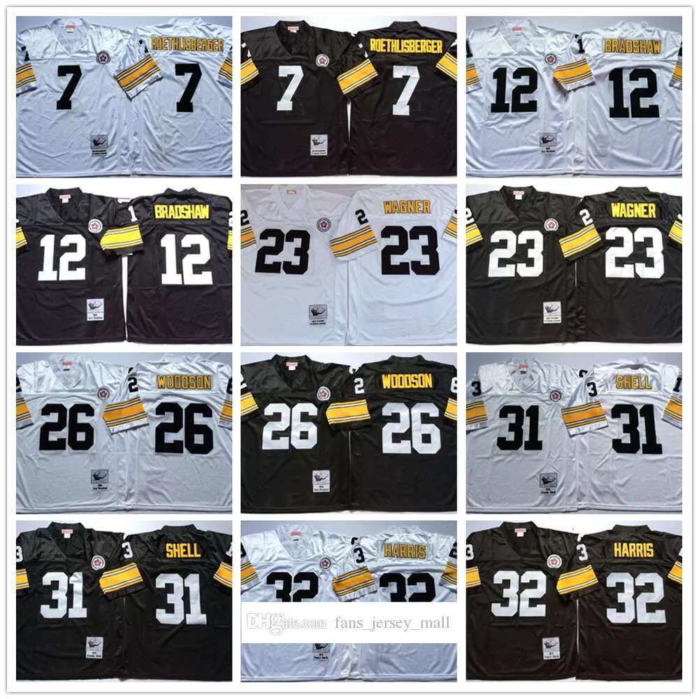 Movie DIY Vintage Football 26 Rod Woodson Jerseys Stitched 7 Ben Roethlisberger 12 Terry Bradshaw 23 Mike Wagner 32 Franco Harris 31 Donnie Shell Jersey Mitchell & Ness