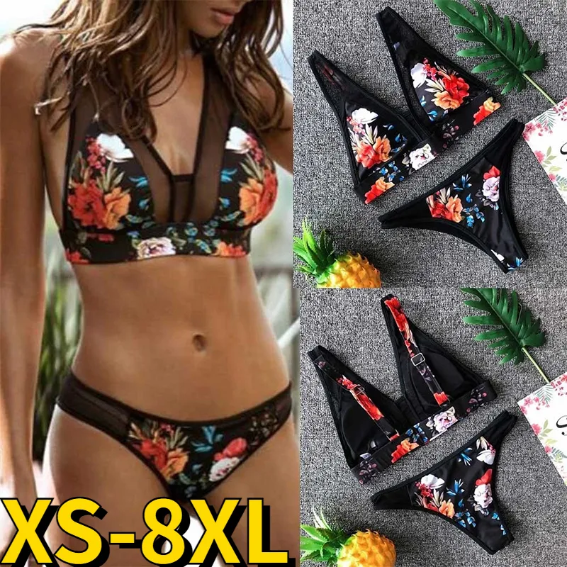 Damen Bademode Frauen Sommer zweiteiliges Set Blumendruck Bikini Set weiblich sexy Badeanzug Beach Wear Sommer lose Größe Badeanzug XS-8XL 230418