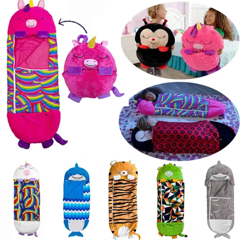 Sacs de couchage Sac de couchage de dessin animé pour enfants avec oreiller confortable en peluche sac de couchage chaud pour cadeau d'anniversaire enfants poupée garçons filles sacs de couchage doux 231118