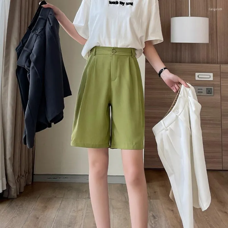 Damen Shorts 2023 Sommer Schwarzer Anzug Frau Hohe Taille Breites Bein Weibliche Beiläufige Halbe Hose Lose Knielange Hose Femme