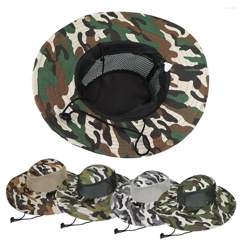 Wide Brim Hats Outdoor Fishing Breathable Mesh Camouflage Bucket Hat Sun Visor Protection Hiking Cap