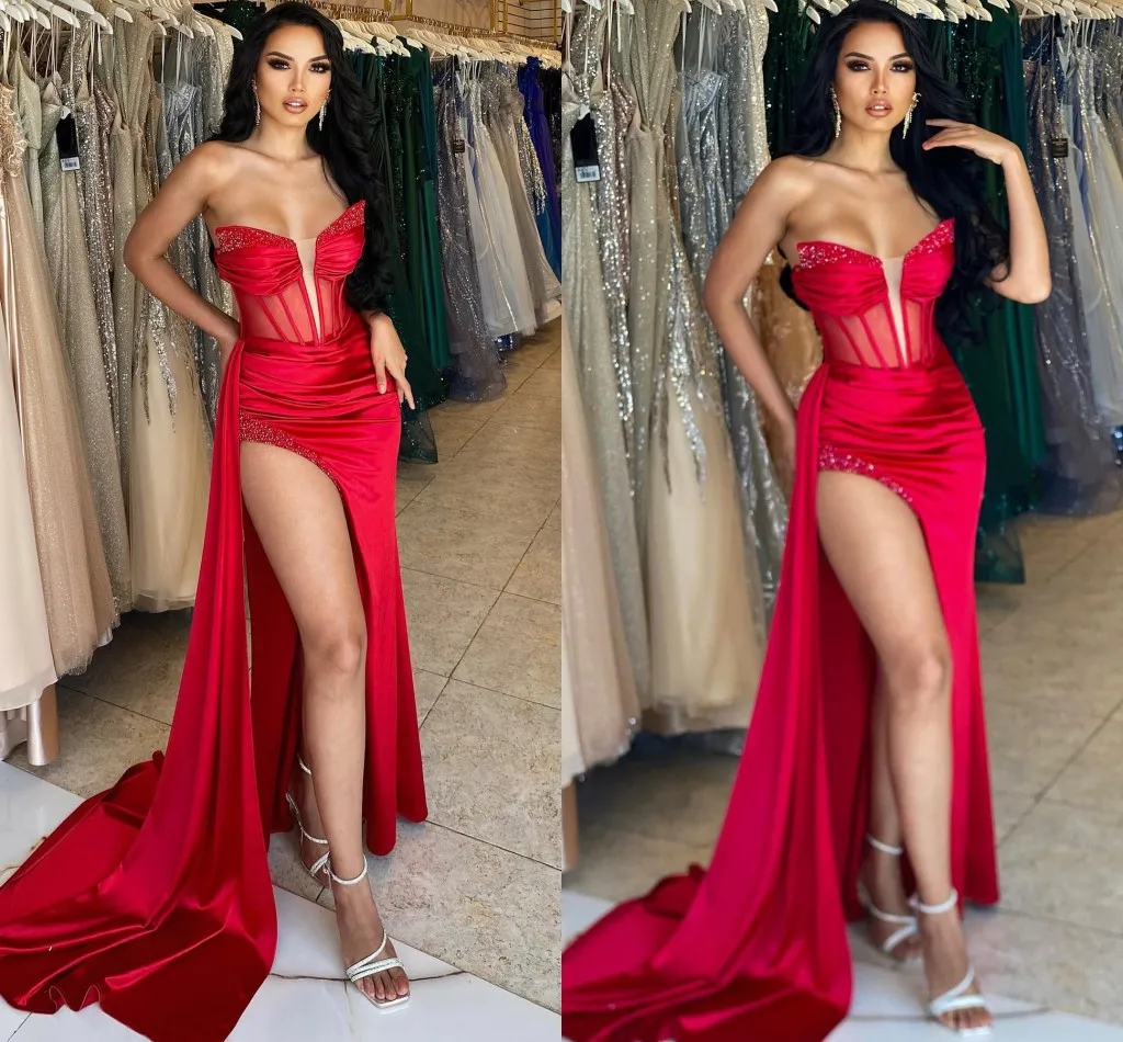 Dubai Árabe Sexy Vermelho Sereia Vestidos de Baile para Mulheres Meninas Plus Size Frisado Lantejoulas Sem Alças Lado Alto Dividido Roupa Formal Vestidos de Festa de Aniversário Feitos sob Medida