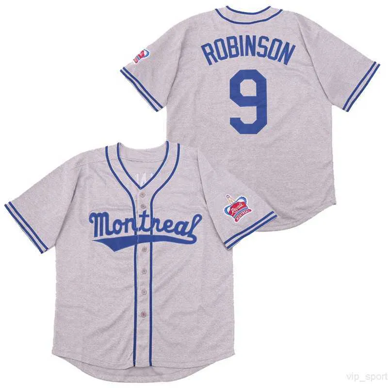 남자 영화 9 Jackie Robinson Jerseys The 1946 Montreal Royals 야구 쿨베이스 그레이 팀 컬러 스티치 통기성 면화 최고 품질