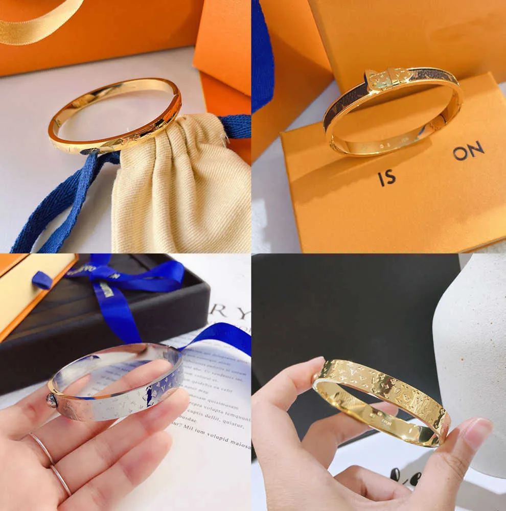 Bangle Europeu America Fashion Style Bracelets feminino jóias de designer de luxo 18K Gold Bated Stoinless Steel Wedding Lovers Gift S Wholesale com Box 29Ess