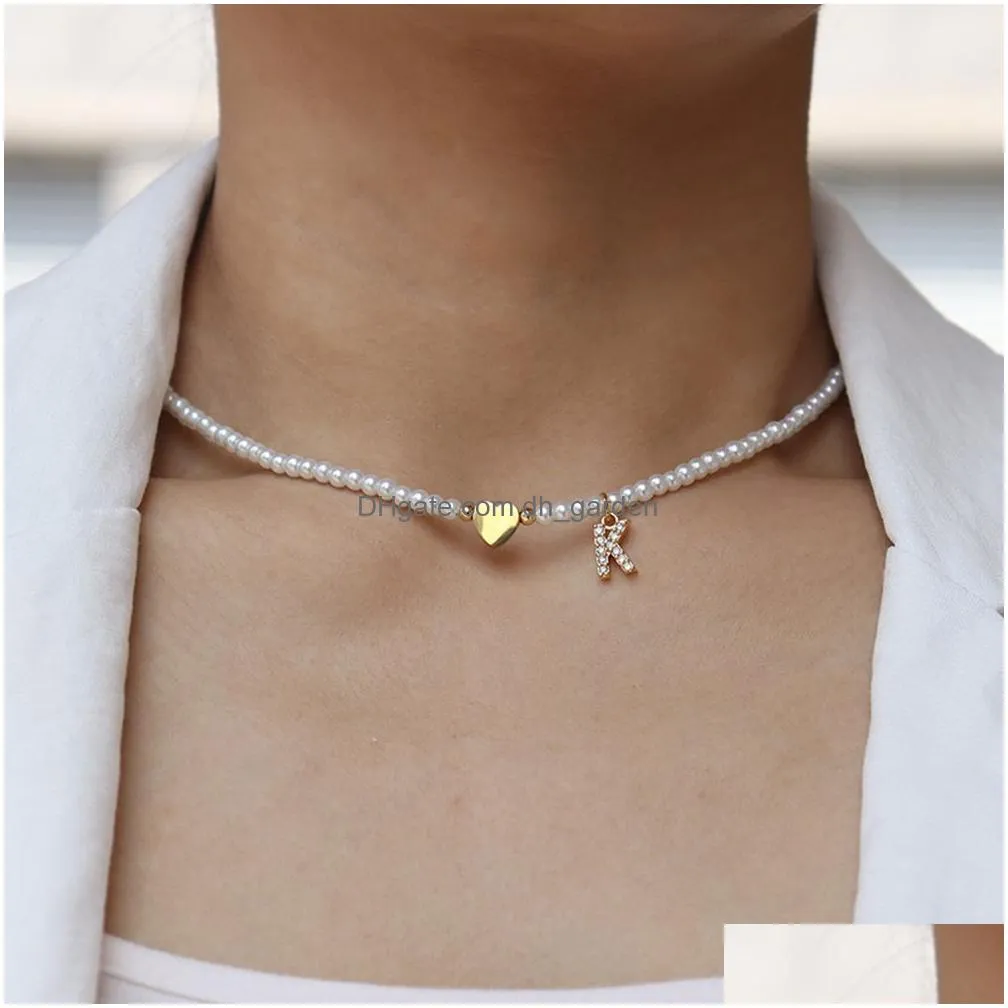 Pendant Necklaces Fashion Initial Letter Heart Pendant Necklace Women Simple M Imitation Pearl Bead Necklaces For Jewelry Gi Dhgarden Ot724