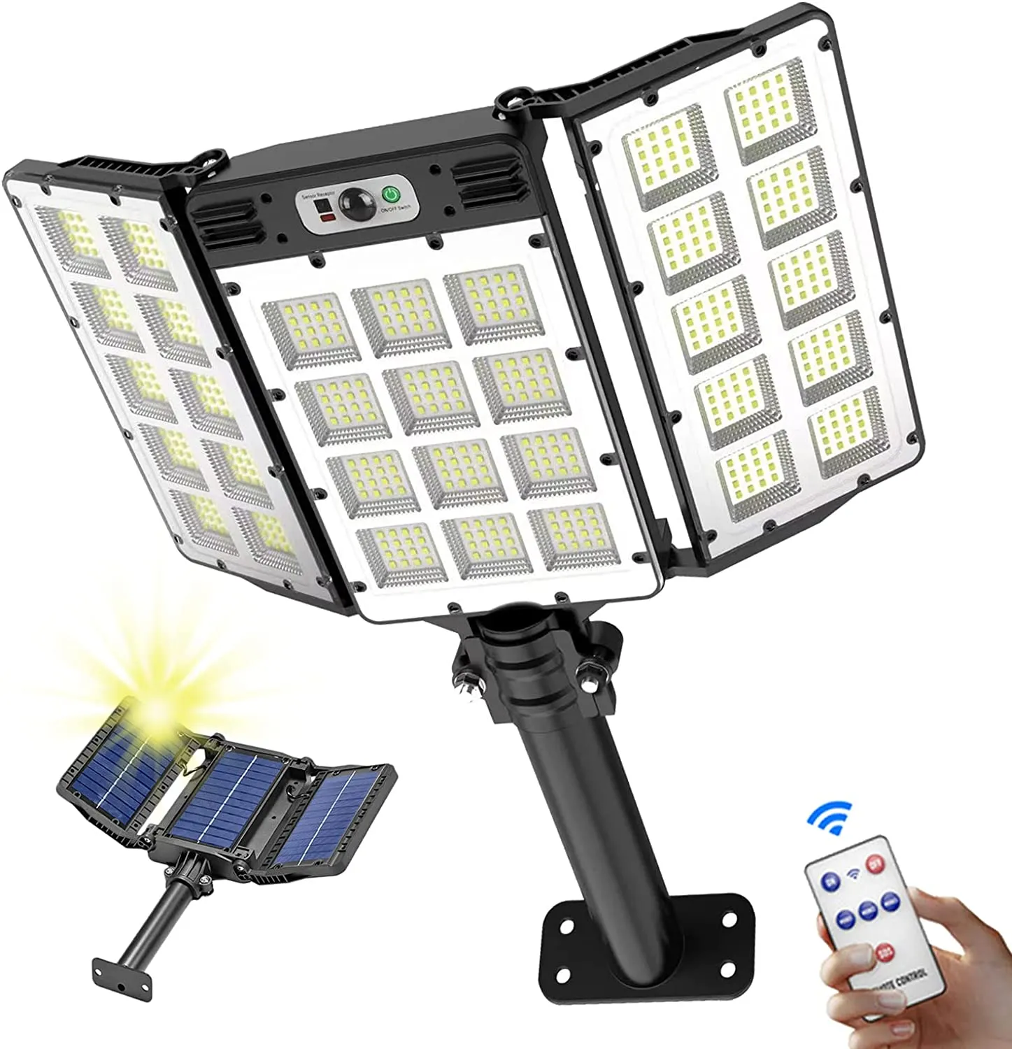 Outdoor Floodlights, 800 LED 5000LM Solar Waterproof Lights with Remote Control, IP65 Security Flood Light with 3 Modes, 3 Heads 270° Illumination for Porch Yard Patio