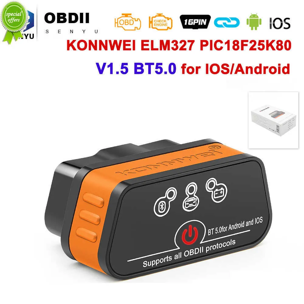 Новый Konnwei ELM327 V1.5 Bluetooth 5,0 ELM 327 V 1 5 OBD2 сканер авто диагностические инструменты ODB2 OBD 2 считыватель кодов pk Vgate iCar2