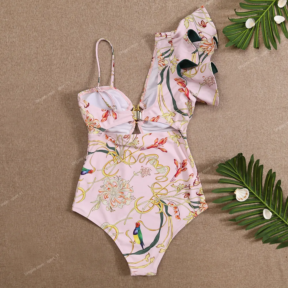 Sexy um ombro babado maiô de uma peça impressão floral banho feminino maiô beachwear monokini swimsuits de uma peça floral maiô de uma peça