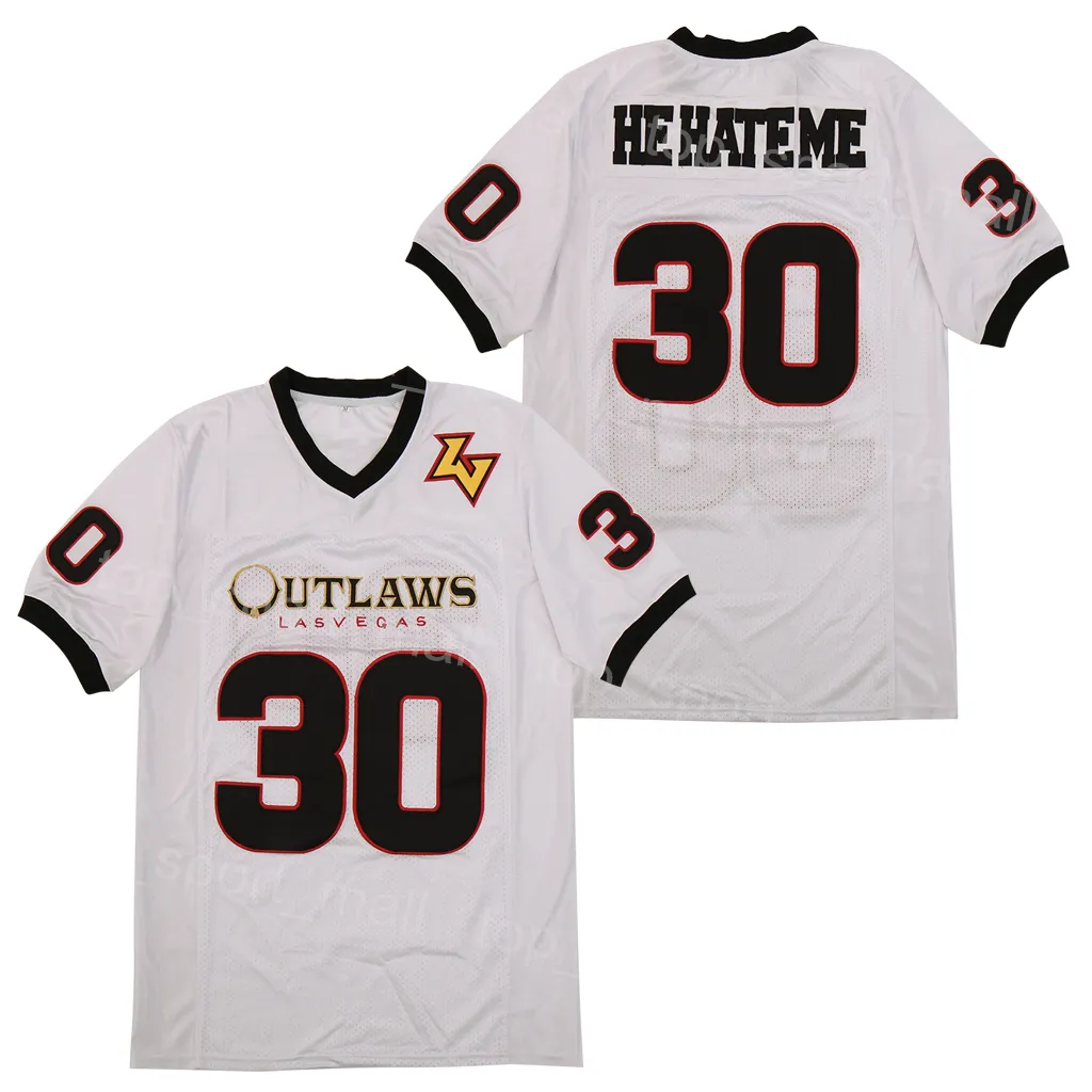 Movie Football Road Smart Jersey 30 He Hate Me XFL Las Vegas Outlaws High School Traspirante Puro cotone Home Bianco Ricamo e cucito College Pullover Uniforme