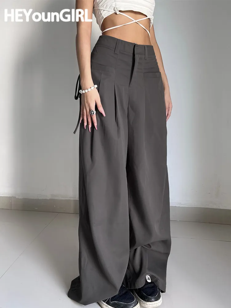 Damenhosen Capris HEYounGIRL Raffen Lässige Hosen mit weitem Bein Frauen Hohe Taille Straße Basic Lose Sweathose Koreanische Retro Graue Bürodamenhose 230418