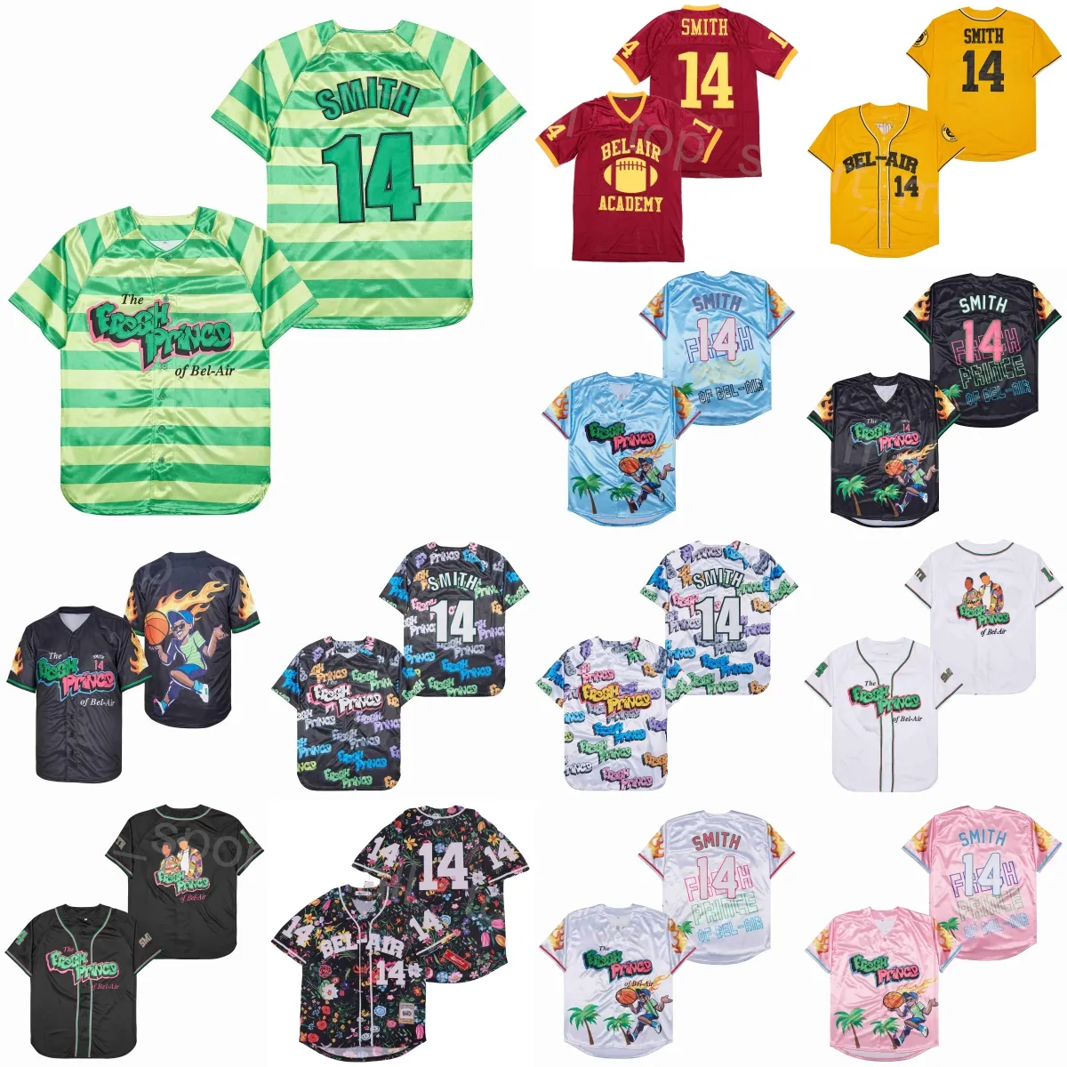 Moive of the Frish Prince Baseball Jersey Men 14 Will Smith Jazzy Jeff Black Bel-Air Academy Graffiti Anniversary（TV Sitcom）Red Blue Green Pink Pink Ilyled Sewing