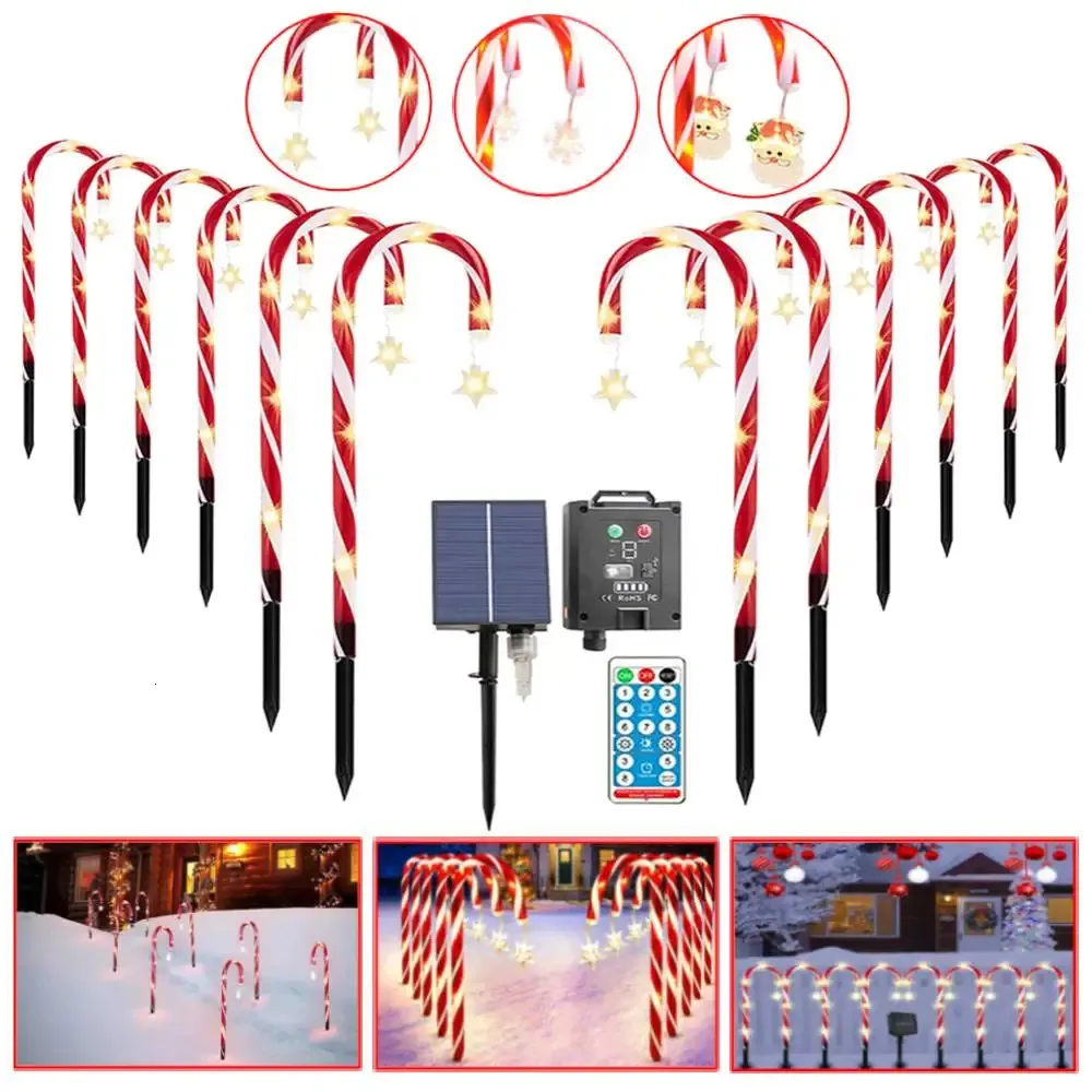 Christmas Decorations Solar Christmas Candy Cane Lights 8 Modes LED Candy Crutch Stake Lamp with Star Snow Santa Pendant Holiday Decor for Garden Lawn 231117