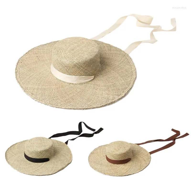 Chapeaux à large bord 066F chapeau de soleil en paille Chic casquette pliable sangles en ruban souple fixer compagnon de bord de mer de voyage pliable réduire les dommages UV