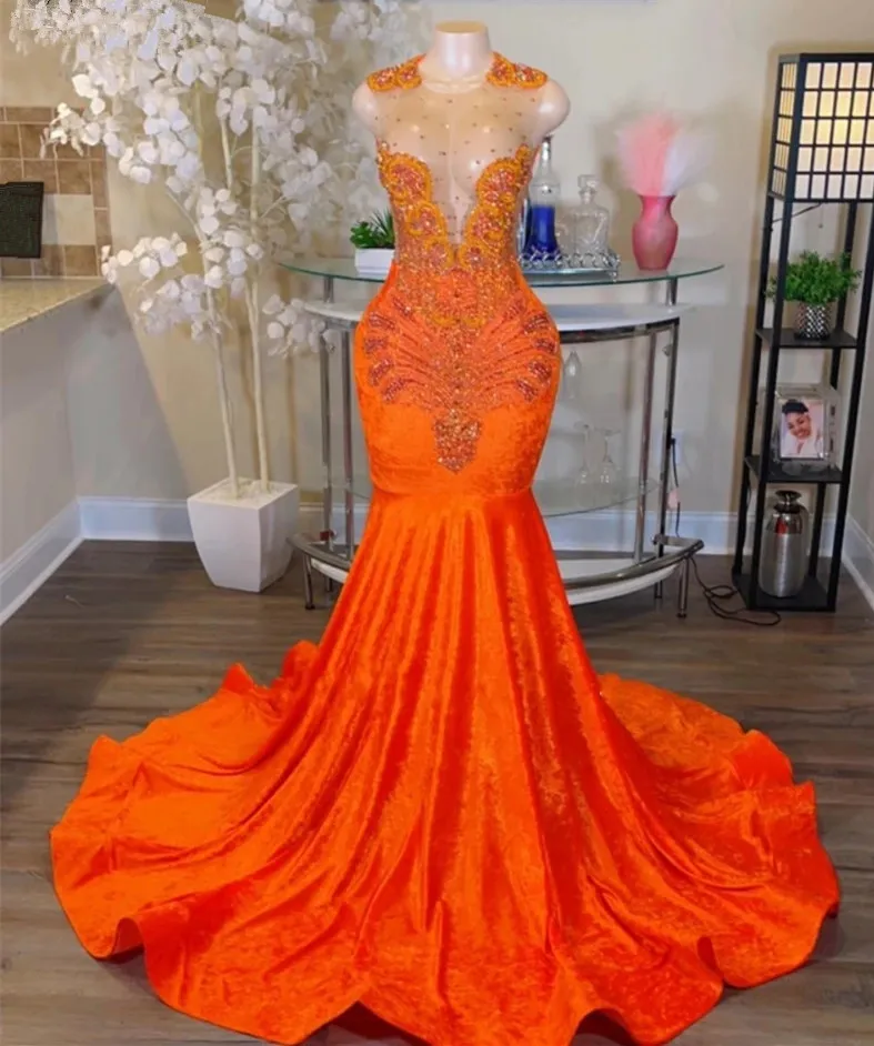 Exquisitos vestidos de noche naranjas para niñas negras Lentejuelas Cristal Africano aso ebi Mujeres vestidos de fiesta de graduación Bata de terciopelo