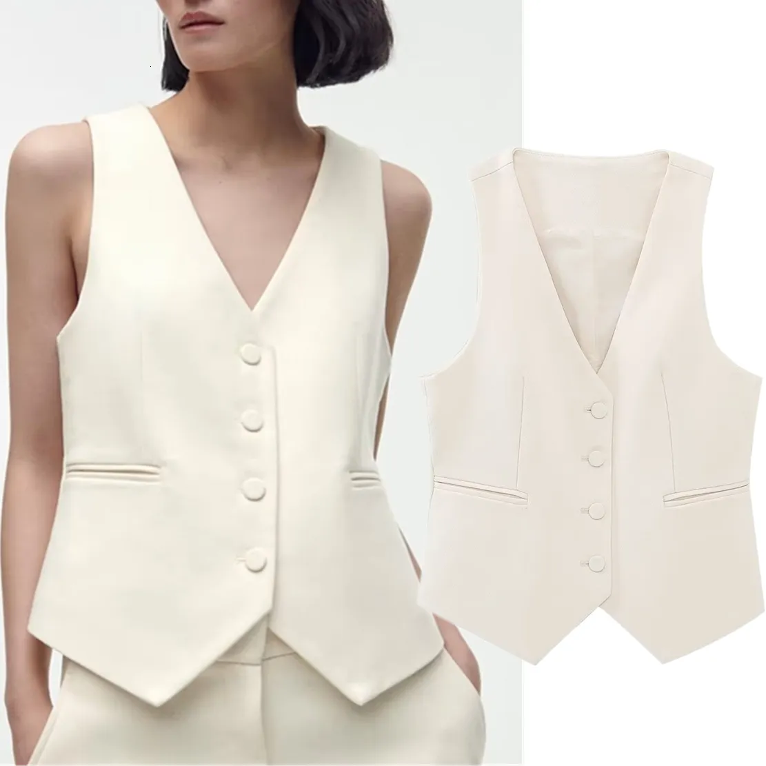 Maxdutti England Womens Beige Sleeveless Blazers Elegant