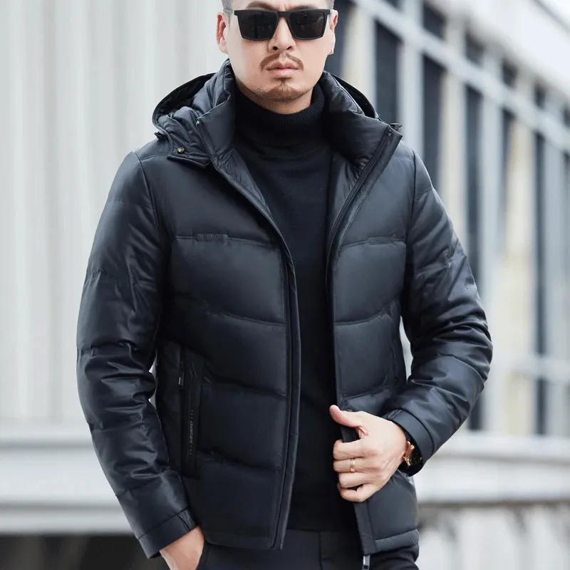 Men's Down Parkas YXL6628 Winter Genuine Leather Coat Sheepskin Casual Hooded Removable Warm Thickened 231117