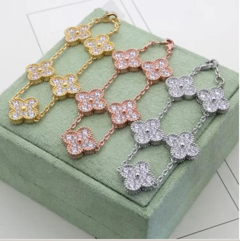 Pulsera de cadena de diamantes con trébol de cuatro hojas a la moda, brazalete personalizado con eslabones, brazaletes de plata, brazaletes de oro y plata rosada, cadenas