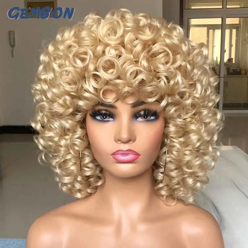 Syntetyczne peruki krótkie włosy afro kręcona peruka naturalna blondynka z grzywką cosplay lolita dla kobiet odpornych na ciepło światłowód