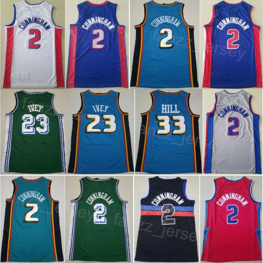 Zarobiono koszykówka Vintage Grant Hill Jerseys 33 Man City Cade Cunningham 2 Jaden Ivey 23 ikona dla fanów sportu Wszystkie szwy shirt Black zielony czerwony biały niebieski