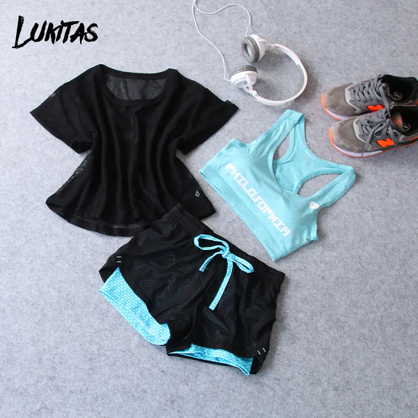 Yoga Outfits LUKITAS Fitness Women Elastic Waist Breathable Jogging Yoga Gym Badminton Exercise BraShortTshirt Workout Three Piece Suits 230418