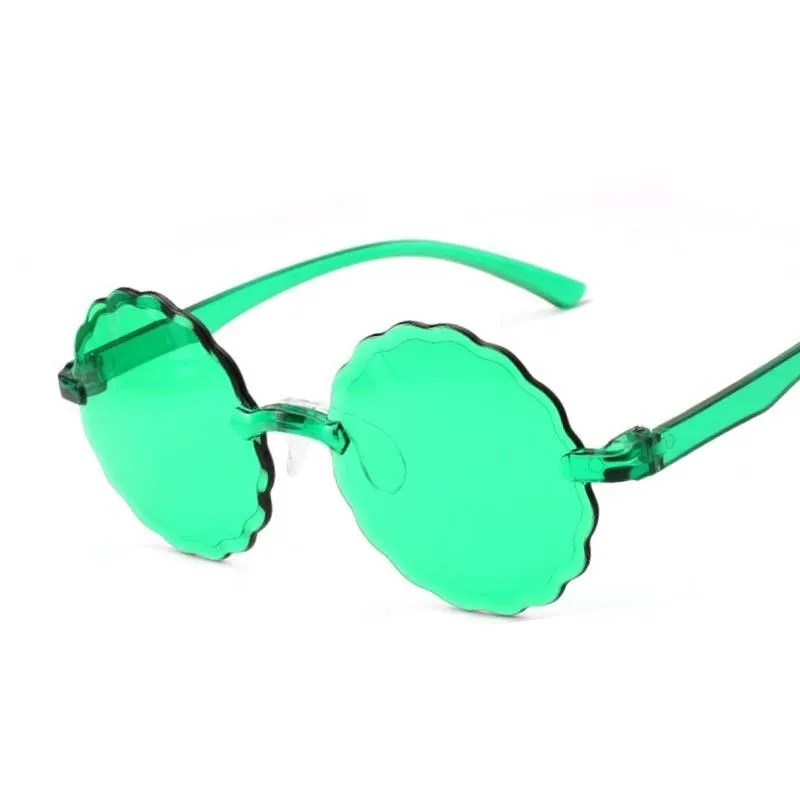 Lunettes de soleil fleurs vertes rondes femmes marque concepteur cadre en plastique lunettes de soleil femme bonbons couleurs miroir sans monture