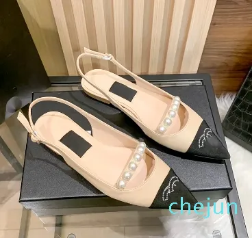 Luxury Designer Classic Color block Mary Janes Shoes Fashion Pearl Chain Paired with Rhinestone Flat Bottom Slingbackl Ladies Shoe